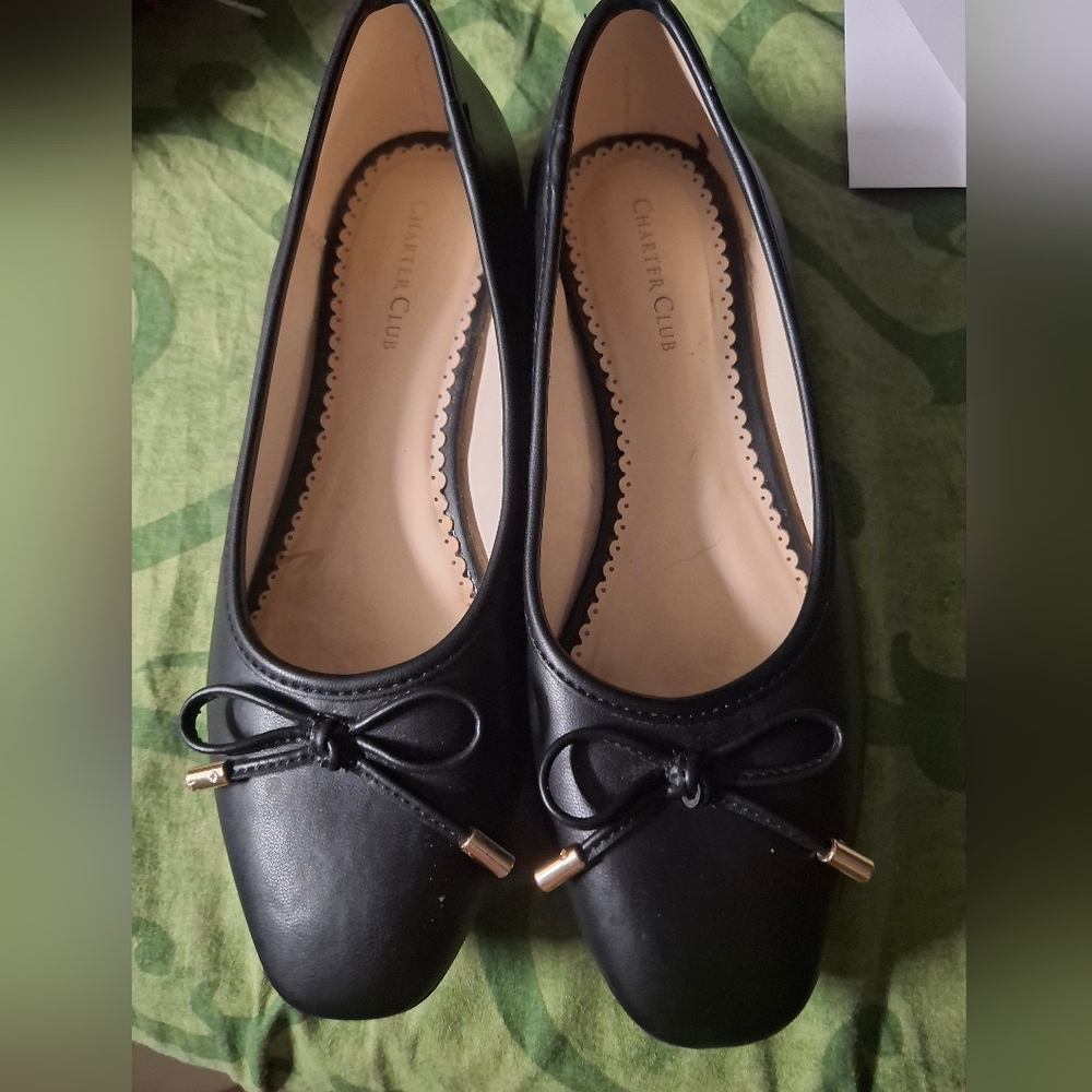 Charter Club Black Flats with Bow Accent And Pearls Around Bottom Of Heels